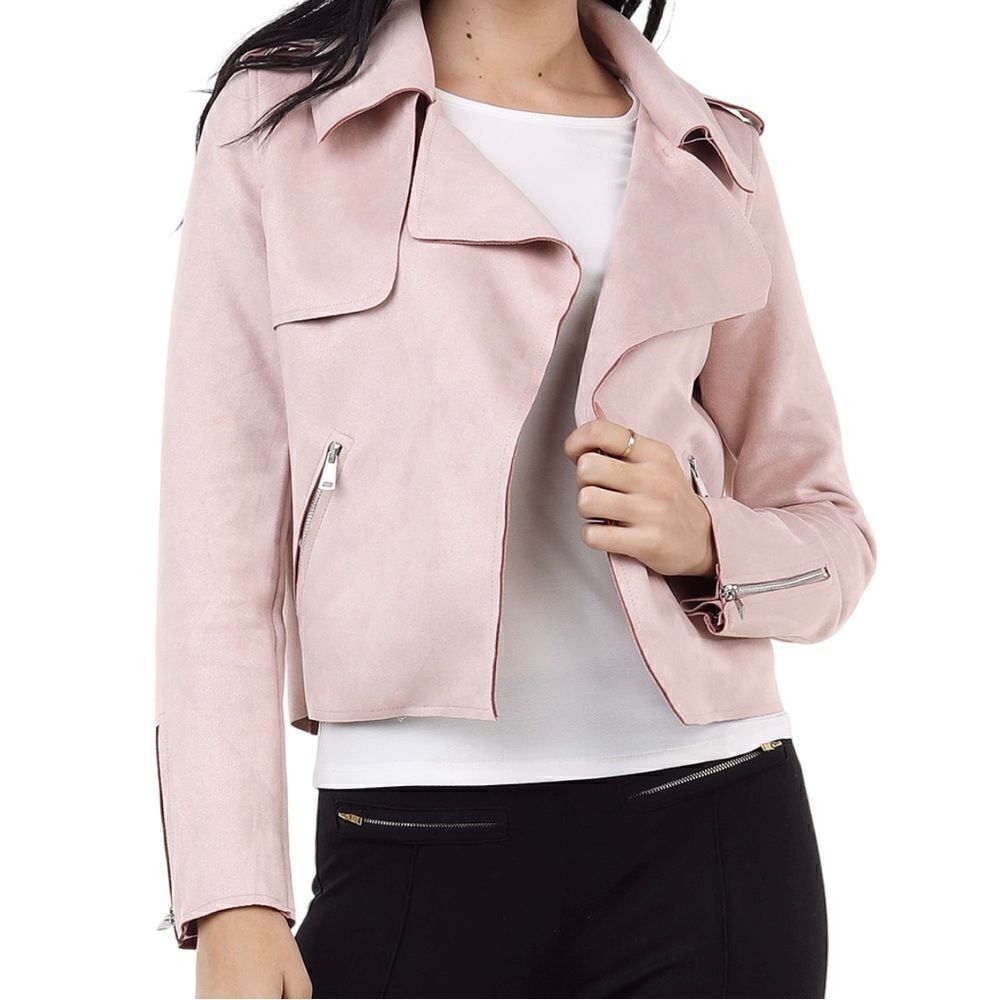 Papaya Jacket Pink Faux Suede Open Front Zip Pockets Sz L